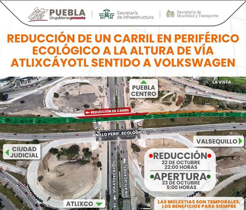 Otra vez, reducen carriles en Periférico de Puebla este 23 de octubre