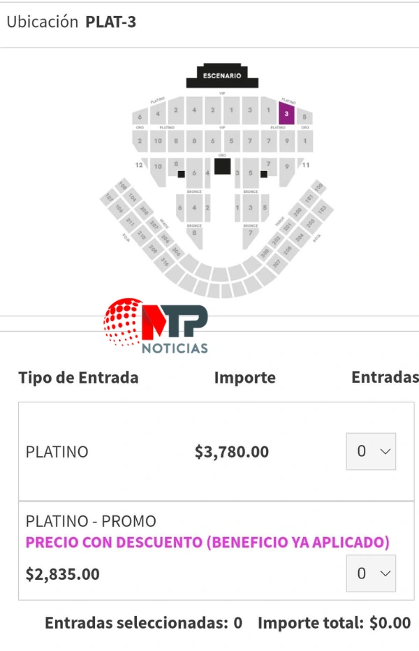 Mapa de boletos disponibles para concierto de Luis Miguel en Puebla.