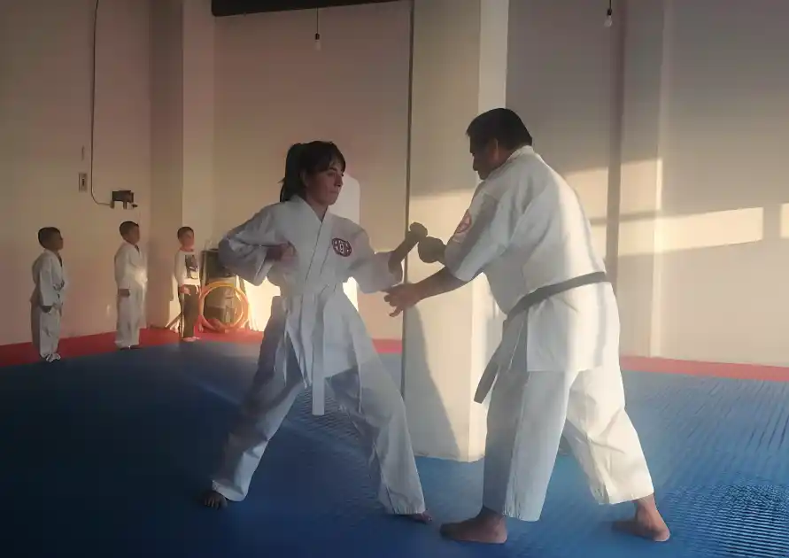 Poblana aprendiendo karate