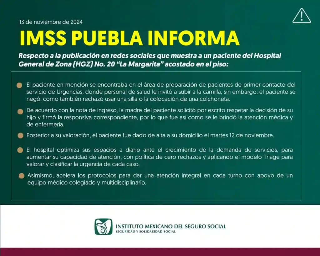 Paciente que recibió atención en el suelo en La Margarita así lo pidió IMSS Puebla