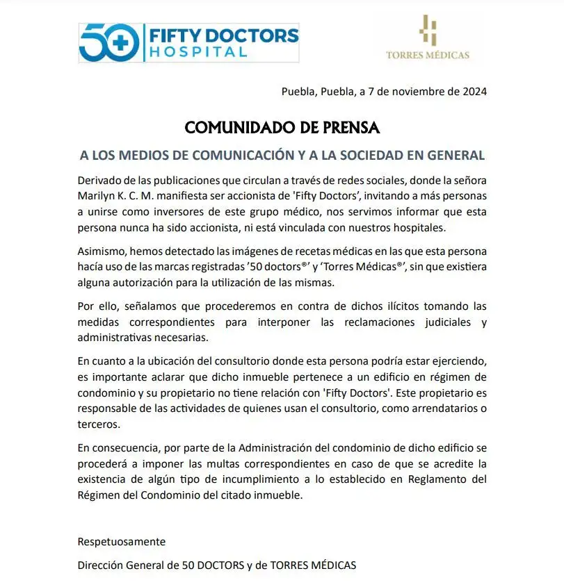 Comunicado de Fifty Doctors donde se deslindan de Marilyn Cote y señalan que denunciarán.