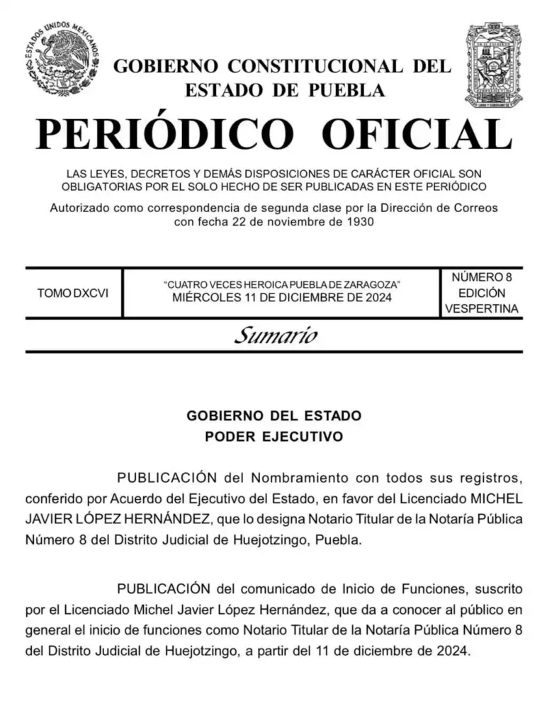 ¡Por fin! Tras 7 años, tiene titular la notaría 8 de Huejotzingo