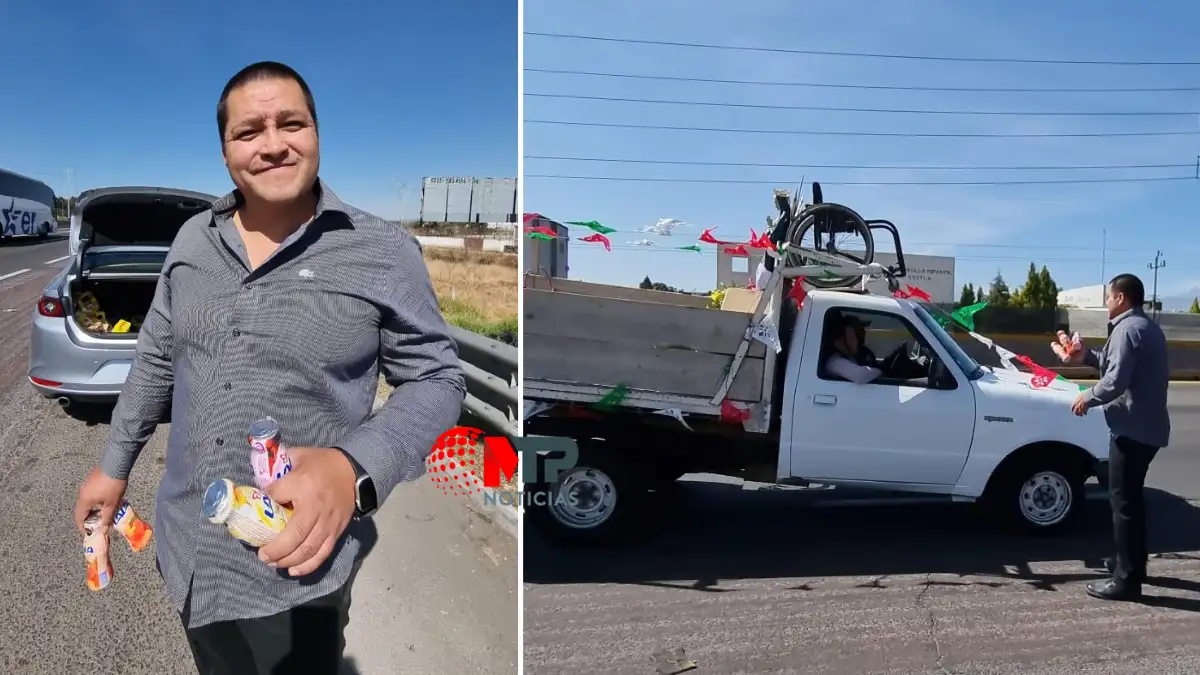 Edgar regala yogures a peregrinos que van a ver a la Virgen de Guadalupe