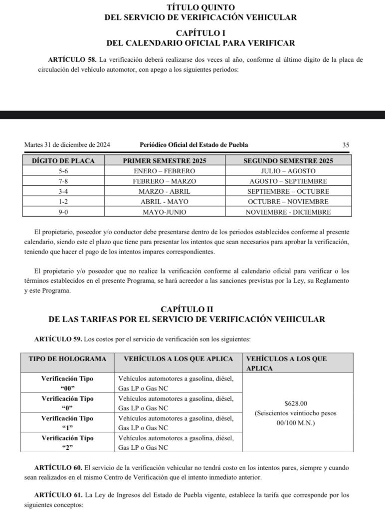 Verificación vehicular 2025 en Puebla: se mantiene el costo en 628 pesos, este es el calendario