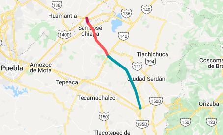 Mapa de la autopista que une a la Amozoc-Perote con la Puebla-Orizaba