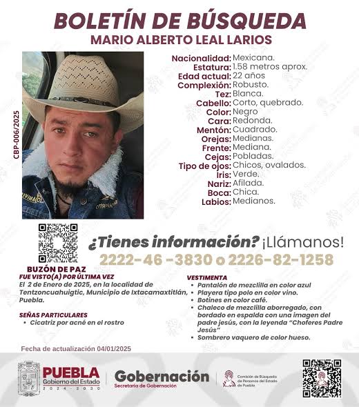 Ficha sobre desaparición de Mario Alberto Leal Larios